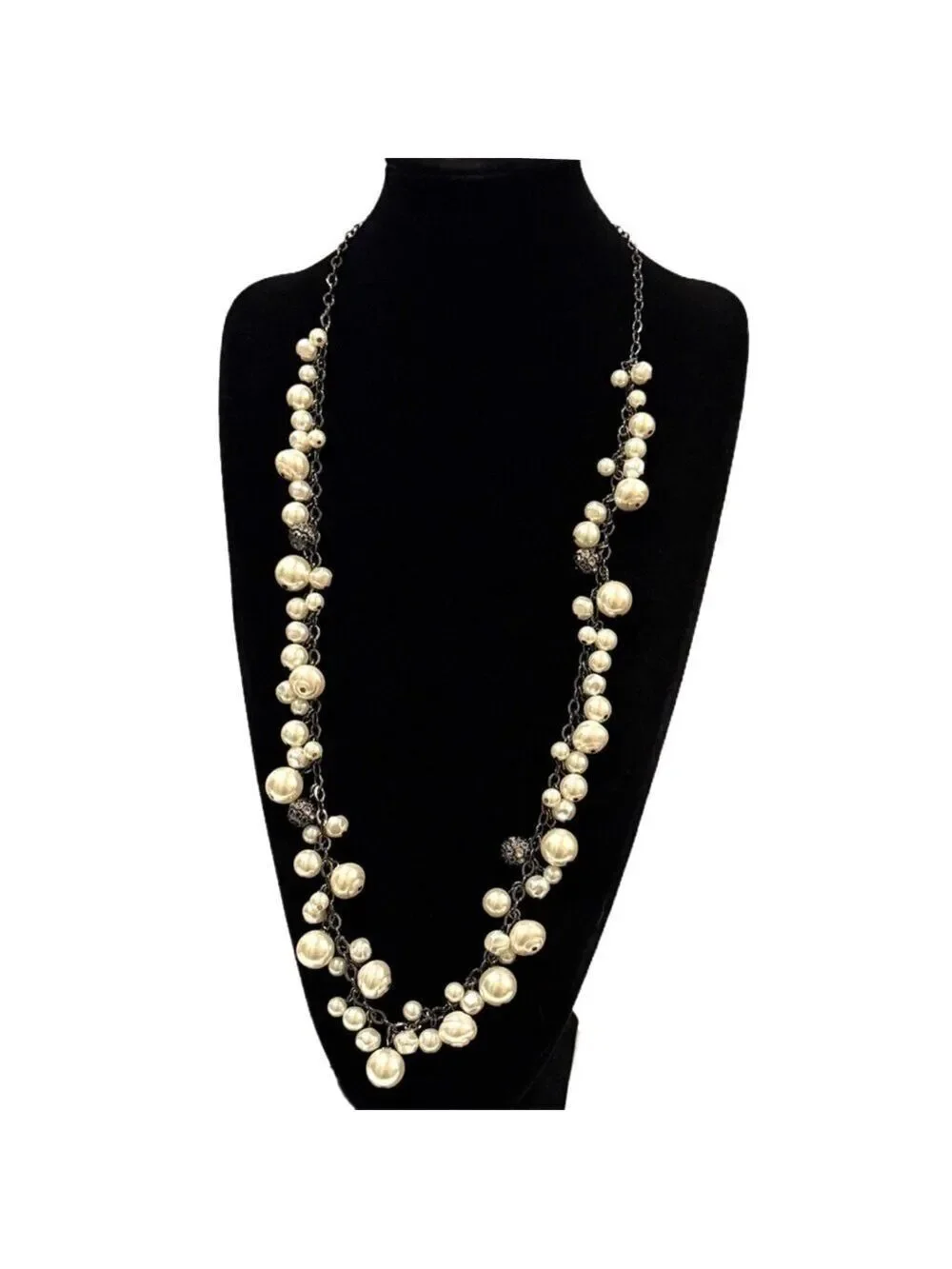 Chico's Gunmetal and Pearl Cluster Long Necklace New